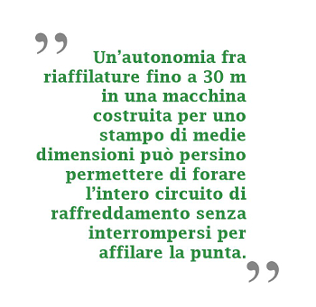 Un'autonomia fra riaffilature fino a 30 metri, in una macchina costruita per uno stampo di medie dimensioni, può persino permettere di forare l'intero circuito di raffreddamento senza interrompersi per affilare la punta. 