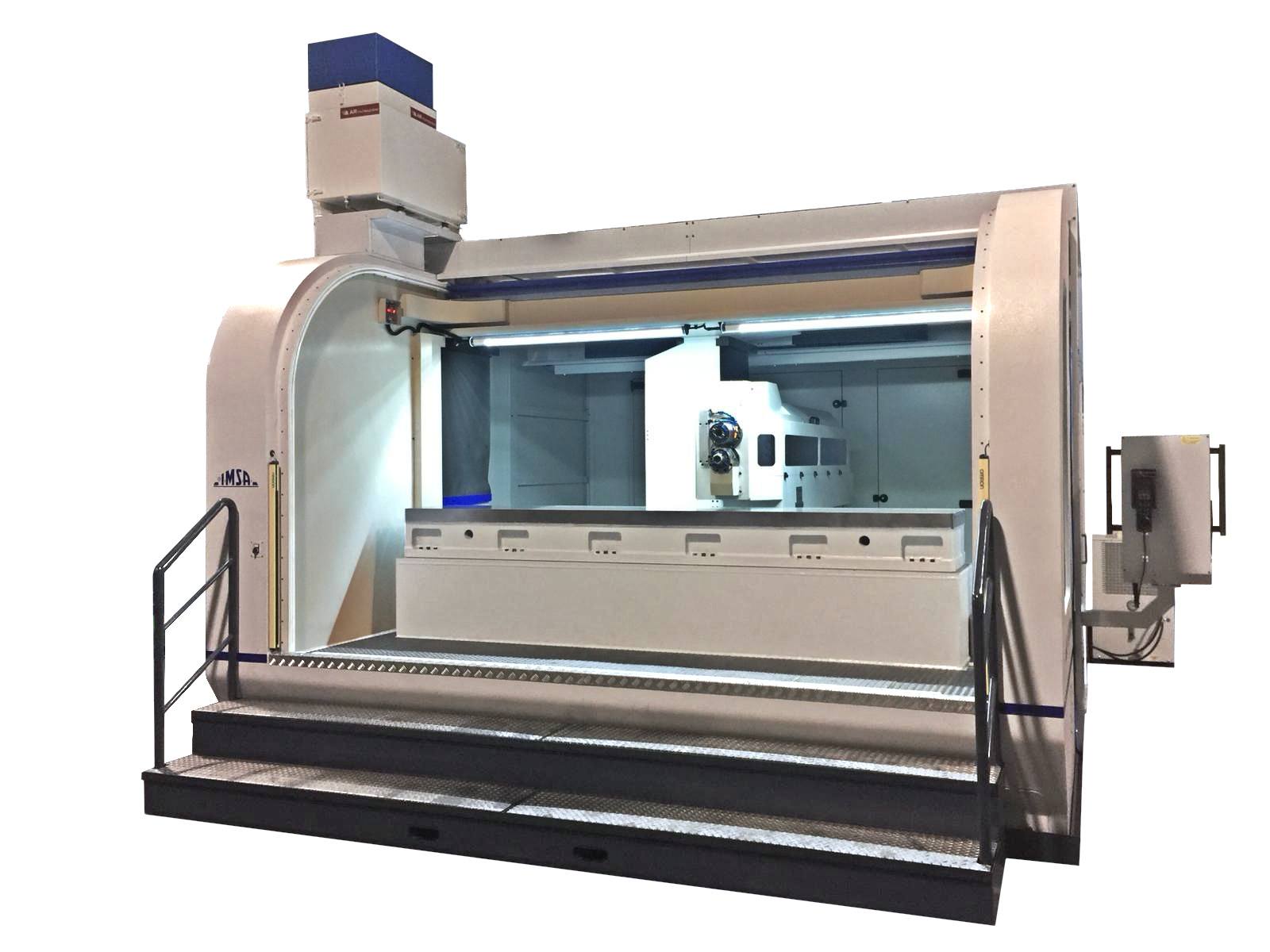 Front view of the IMSA MF1500/3000 deep drilling-milling machine to drill moulds for polycarbonate, showing spindles and worktable